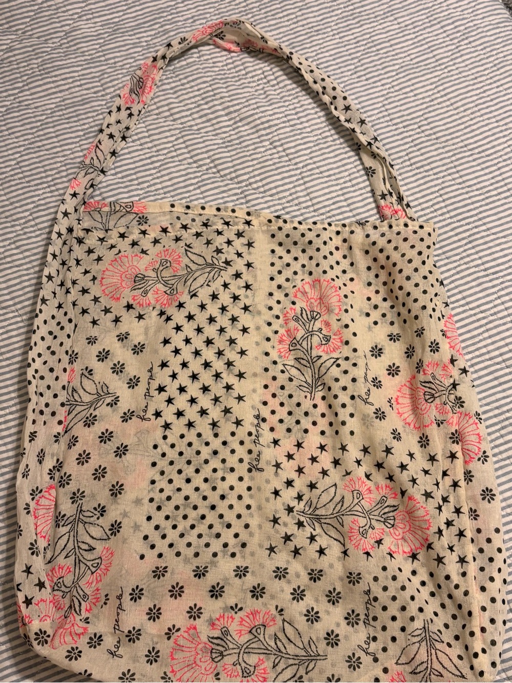 FREE PEOPLE Floral Print Canvas Tote Bag in Beige and Pink